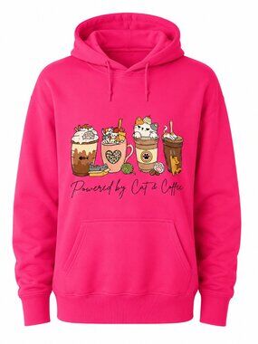 Pink "Powered by Cat & Coffee" Cat Graphic  Custom Print Pullover Design Hoodie